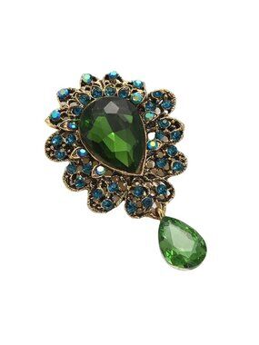 Brooch Green Glass Teardrop Dangle with Iridescent Teal Crystals Gold Tone
